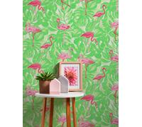 Papier Peint Tropical Avec Flamant Rose Et Feuilles - Rose, Vert