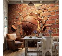 Papier Peint Un Ballon De Basket Traverse Un Mur De Briques Papier Peint Panoramique 3D Art Des Illusions D'Optique 3D 200x140cm, Papiers Peints Photo Géante Décoration Murale Pour Salon Chambre