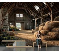 Papier Peint Une Scène Grange Paisible 150 X 105 Cm Papier Peint Panoramique Effet 3D, Peinture Murale Poster Intissé Style Campagnard, Pour Chambre Salon Tv Fond