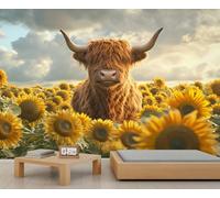 Papier peint vache des Highlands, fleur de tournesol, grande décoration murale pour salon, vache Highland - 390 x 260 cm (ne pas décoller et coller)