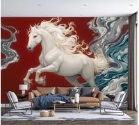 Papier Peint Vagues Abstraites Cheval, Papier Peint Panoramique Art Animalier Chinois Rouge Et Blanc Pour Salon Chambre Bureau Couloir Arrière-Plan Tv, Décoration Murale 3D, 200X140Cm (L X H)