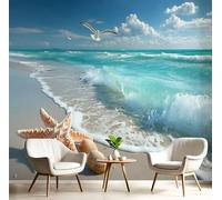 Papier Peint Vagues La Plage 350×256 Cm Tissu En Soie Papier Peint Décoratif, Étanche Facile À Poser, Étoiles Mer, Coquillages Décoration Murale Pour Salon, Chambre, Bureau - Bleu Ciel