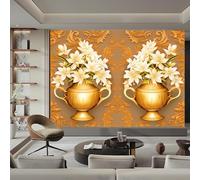 Papier Peint Vase Doré Fleurs Blanches Panoramique 3D Papier Peint Style Vintage Murale Salon Chambre à Coucher Maison Décoration Intérieure (250 x 175 cm (W x H))