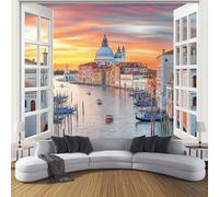 Papier Peint Venise Ville D'Eau À Travers Fenêtre 260×180cm 3D,Jaune Wallpaper Panoramique,Italie Ville Papier Peint intissé Chambre Salon Personnalisé XL Décoration Murale,Pour Salon Chambre Bureau