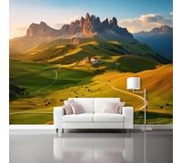 Papier Peint Vert - 200 x 140 cm Papier Peint Intissé Adhésif, Paysages pastoraux montagnes châteaux thème Panoramique Déco Mural Tableaux Muraux - pour Salon Chambre D'Enfant Tapisserie Photo