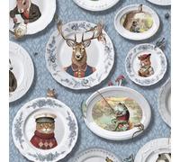 Papier peint vintage bleu pour thé - Assiettes murales d'animaux - Motif anthropomorphe classique - Collez le papier