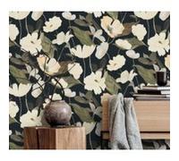 Papier peint vinyle intissé fleuri feuilles de lys, noir et beige L.1005 x l.53 cm, Erismann Blossom
