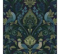 Papier peint vinyle texturé damassé paon bleu/vert Grandeco A67802