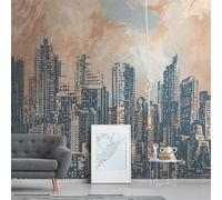 Papier Peint Vlies Skyline De Ville Au Crépuscule - Orange, Gris, Bleu