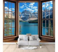 Papier Peint Vue de La Fenêtre 3D Auto Adhesif Panoramique Mural Montagnes et Lacs Papier Peint en Soie Poster Trompe L'oeil Décoration Murale Salon Chambre 150x105 cm B-1395
