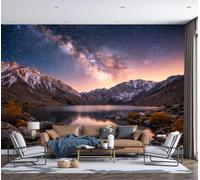 Papier Peint Vue nocturne naturelle de Voie lactée Panoramique 3D Montagnes enneigées lacs Voie lactée Papier Peint Bleu-violet Murale Salon Chambre à Coucher Maison Décoration Intérieure 300x210cm