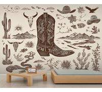 Papier Peint Western Vintage Rustique avec Bottes de Cowboy Chapeau de Cowboy Cactus et Montagne Motif Crâne de Taureau Style Rétro pour Salon Chambre Ou Chambre D'Enfant 500 X 300 cm