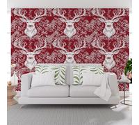 Papier Peints Panoramique Animaux de la Jungle Cerf Rouge Poster Mural xxl Personnalisé 3D, Moderne Plantes et Fleurs Vintage Papier Peint Chambre Chambre D'Enfant Décoration Murale 365x254cm(L x H)