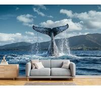 Papier Peints Panoramique Baleine Nageoire Caudale, Poster Geant Mural Personnalisé 3D, Littoral Montagnes Lointaines Pour Salon Chambre à Coucher Chambre D'Enfant Décoration Murale, (450 x 315cm )