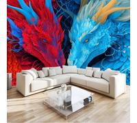 Papier Peints Panoramique Fantastique Mystère Dragon Oriental, Poster Mural Personnalisé 3D, Rouge Et Bleu Papier peint photo en non-tissé Salon Chambre D'Enfant Décoration Murale 300 x 210 cm