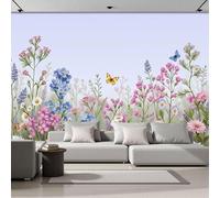 Papier Peints Panoramique Fleurs sauvages, herbes à papillons, Poster Geant Mural Personnalisé 3D, Thème Style pastoral rural Pour Salon Chambre Décoration Murale, Bleu et rose Murales 400x280cm