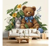 Papier Peints Panoramique intissé 350 x 256 cm, Poster Geant Mural Effet 3D, Design Ours en Peluche Chat Conte de Fées Rêveur Pour Salon Chambre D'Enfant Décoration Murale Style Anime Japonais
