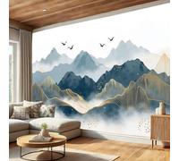 Papier Peints Panoramique Montagnes Vallées Lignes Dorées, Décoration Murale Art Traditionnel Chinois, Bleu Photo Muraux Pour Salon Chambre Chambre D'Enfant Décoration Murale 300 x 210 cm