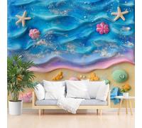 Papier Peints Panoramique Plage Peinte, Vagues Bleu Poster Mural Personnalisé 3D, Moderne Vie Marine et Coquillages D'Étoiles de Mer Papier Peint Chambre Chambre D'Enfant Décoration Murale 350x256cm