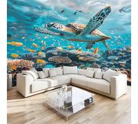 Papier Peints Panoramique Tortues Marines Du Monde Marin Poster Mural Intissé 3D, Bleu Muraux Pour Salon Chambre Chambre D'Enfant Décoration Murale 350x256cm