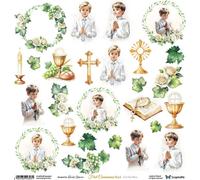 Papier pour scrapbooking 30x30 - ScrapAndMe - Première communion garçon 5 - feuille découpée