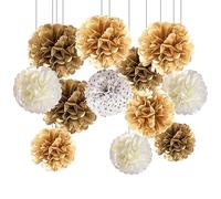 Papier Soie Pompons Papier Fleur 12 pcs Pompon Papiers Soies Suspension Boule Fleurs Papiers Decoration Crepon Pompons Soie Marron et Beige Fleur,Décorations Fête Mariage
