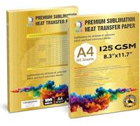 Papier transfert sublimation 125gsm A4, 100 feuilles. Convient au polyester et supports rigides, compatible imprimantes sublimation Epson et Sawgrass, rendu couleur parfait.