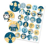 Papierdrachen 24 autocollants des chiffres du calendrier de l'Avent - motifs de Noël en bleu-jaune n° 31 - Sticker 4 cm - pour travaux manuels et décoration