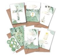 Papierdrachen 6 cartes de vœux pour fêtes chrétiennes comme baptême, communion, confirmation, confirmation - motif eucalyptus - cartes pliables avec enveloppe et autocollants assortis - DIN A6 - Set 1