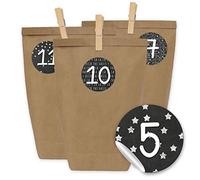 Papierdrachen Calendrier de l'Avent à remplir 2021-24 Pochettes Cadeaux et 24 Autocollants et Pinces à Chiffres - Motif Tableau Noir et Blanc - à remplir et à bricoler - Noël 2021 - Mini Set n° 16
