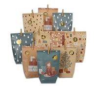 Papierdrachen Calendrier de l'Avent à remplir, 24 sachets cadeaux imprimés marron et bleu pétrole et 24 autocollants avec numéros et pinces - motif bleu pétrole - pour le bricolage et les cadeaux