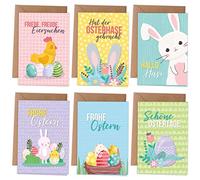 Papierdrachen Cartes de Pâques - Lot de 6 cartes de vœux printanières en format plié avec enveloppe pour Pâques - Messages pour la famille - Design élégant pour Pâques - Motif coloré - Set 1