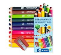 Papierdrachen Lot de 10 crayons de couleur 3 en 1 avec taille-crayon - Colorés - Épais - Pour enfants - Cire et aquarelle - Colorables à l'eau - Pour crèche, école