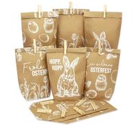 Papierdrachen Lot de 12 sacs cadeaux imprimés pour Pâques - Avec visage de lapin - Avec pinces en bois - Nid de Pâques pour bricoler et offrir