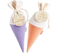 Papierdrachen Lot de 2 sacs d'école en mousseline - Violet et orange - Pour rentrée des classes - Sacs en tissu avec étiquettes en bois et gravure - Petit sac à sucre - Sac pour frères et sœurs