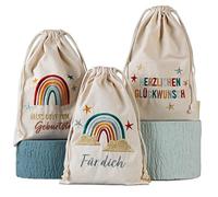 Papierdrachen Lot de 3 sacs cadeaux d'anniversaire - Arc-en-ciel - En coton - Magnifiques et brodés de qualité supérieure - Idéal pour emballer des cadeaux - Dimensions : 20 x 30 cm avec cordon de