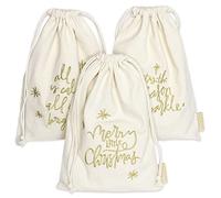 Papierdrachen Lot de 3 sacs cadeaux de Noël - Magnifiquement brodés et idéaux pour emballer durablement des cadeaux de Noël - Crème doré brodé - 20 x 30 cm - Lot de 9