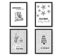 Papierdrachen Lot de 4 posters de Noël de qualité supérieure DIN A4 | Images comme décoration de Noël - Noir et blanc - Qualité supérieure - Sans cadre - Set 1