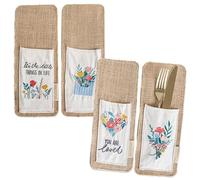 Papierdrachen Lot de 4 sacs à couverts en toile de jute avec broderie florale et messages inspirants, 10 x 26,5 cm, durable et élégant, kit de décoration printanière