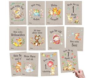 Papierdrachen Milestone Cards Lot de 32 cartes pour bébés et tout-petits - Pour garçons et filles - Animaux de la forêt - Idée cadeau de naissance, fête prénatale ou baptême