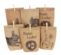Papierdrachen - Sacs de Pâques - Lot de 12 sacs imprimés avec lapins, fleurs et poussins - Idée cadeau ou décoration - Sacs en papier marron naturel - 22 x 14 cm