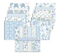 Papiers Décoratifs Double face, 24 Feuilles Bloc Papier Scrap, Motif Floral, 12 Designs Papier pour Scrapbooking de Cartonné pour Journal Album de Bricolage (Bleu, 30 x 30 cm)