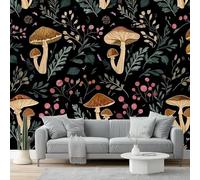 Papiers peints 250 x 175 cm Papier Peint Panoramique Design unique et moderne Champignons et plantes de la nature sombre Peint intissé Chambre Salon Décoration Murale Noir Rose