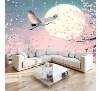 Papiers peints 350 x 256 cm Muraux Tapisserie Photo Papier Peint Panoramique Fleurs de cerisier, grue Papier Peint intissé pour Chambre Salon Décoration Murale Rose