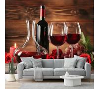 Papiers peints 350 x 256 cm Papier Peint Panoramique Design unique et moderne Nature morte romantique au vin rouge et aux roses Peint intissé Chambre Salon Décoration Murale Rouge Brun