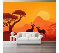 Papiers peints Afrique Silhouettes d'animaux Tapisserie Mural Moderne Fresque, Poster Geant Mural, Pour Salon Chambre 350 x 256 cm Décoration Murale(non adhésif) Couleur orange