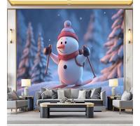 Papiers peints Bonhomme de neige amusant à skier comme un enfant Tapisserie Mural Moderne Fresque, Poster Geant Mural, Pour Salon Chambre 200 x 140 cm Décoration Murale(non adhésif) Bleu marine