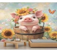 Papiers Peints Cochon Mignon Rose Papier Peint Mural Bulles Colorées Fille Papier Peint Tournesol Fleur et Papillon pour Salon Chambre à Coucher Affiche Murale 200 X 140 cm