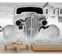 Papiers Peints Mural de Voiture Rétro Vieux Papier Peint Vintage Noir et Blanc Papier Peint de Maison de Campagne Papiers Peints de Montagne pour Chambres Salon Affiche 300 X 210 cm