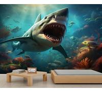 Papiers Peints Requin Monde Sous-Marin Salon Papier Peint Peintures Murales de Corail Coloré pour Chambre Papier Peint D'Accent de Vie Marine pour Chambre D'Enfants Salon 280X200cm